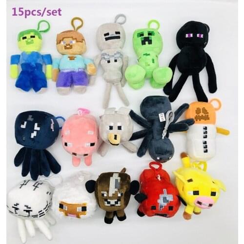 15Pcs/Set creeper Stuffed Plush Doll keychain Toys Zombie Bat Squid steve Enderman Ocelot Pig Sheep pendant minecrafte Gift Toy