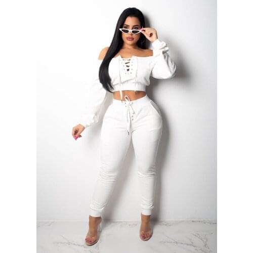 AHVIT New Style Bandage Skinny Solid Color Women Two Piece Set Long Sleeve Slash Neck Crop Top And Hight Waist Long Pants OF6138