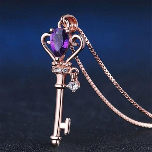 AMORUI Purple Crystal Key Pendant Necklaces Gold Color AAA Zircon Box Chian Necklaces For Women Party Wedding Gift