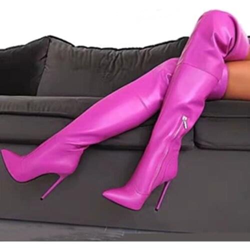 Big Size 47 Cute Pink Pointed Toe Half Side Zip Women Thigh High Boots Over The Knee Thin High Heel Wholesale