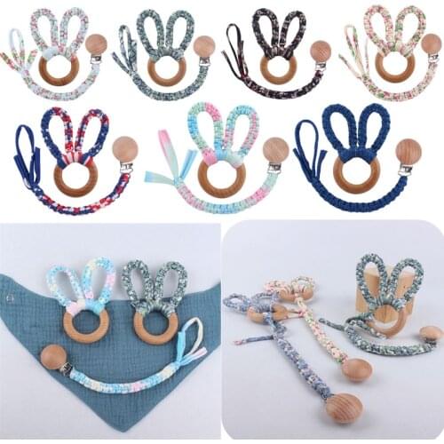 1Set Baby Wooden Pacifier Clip Chain Handmade Cotton Woven DIY Dummy Nipple Clips Holder Leash Strap Knitting Bunny Ears Teether