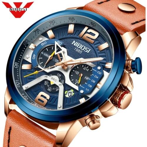 NIBOSI Casual Sport Watch Men Blue Top Brand Luxury Military Leather Wrist Watch Man Clock Fashion Chronograph Relogio Masculino