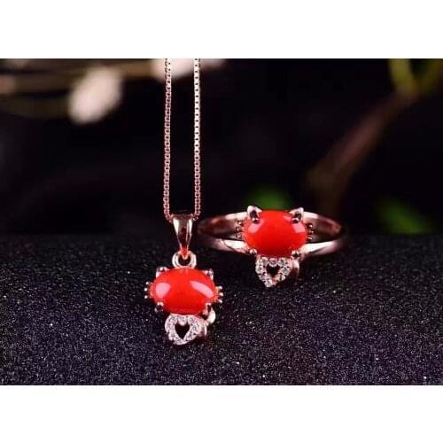The color is beautiful, the style is novel.Natural Red coral suit, simple and fresh, 925 silver
