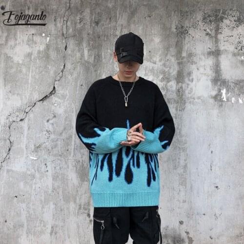 FOJAGANTO Mens Retro Flame Sweater Autumn New Pattern Hip Hop Pullover Spandex O-Neck Oversize Casual Couple Sweaters Men