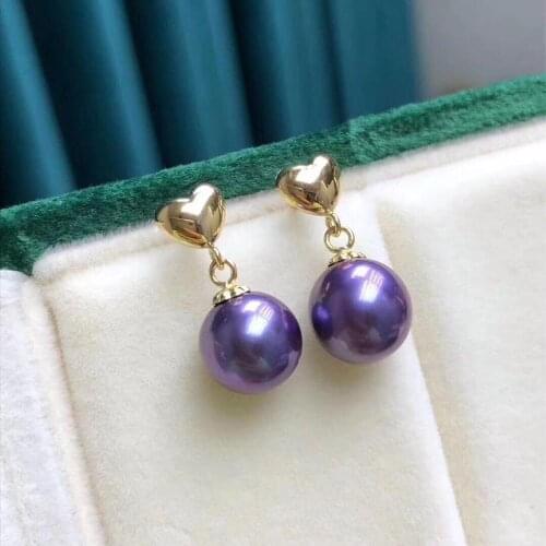 Fine Jewelry Pure 18 K Yellow Gold 10mm Natural 7-8mm Purple Round Pearl Earrings for Women Fine Pearl Earrings