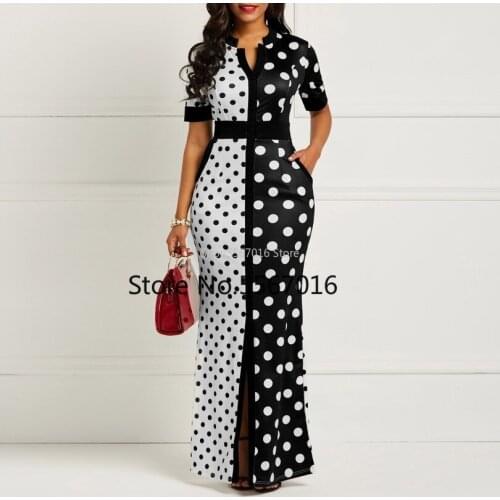 African Dress Vintage Polka Dot White Black Printed Retro Bodycon Women autumn Short Sleeve Plus Size Long maxi Dress