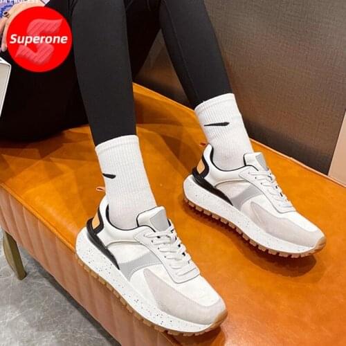 Superone Women Real Leather Sneakers Round Toe Cross Strap Thick Bottom Shoes Mixed Color Outdoor Female Footwear Size 35-40