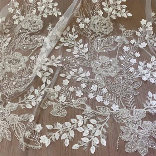 2020 Latest 3 D Appplique Bead and Sequins Top grade Off White fashion Mesh Tulle Embroidery French wedding lace fabric
