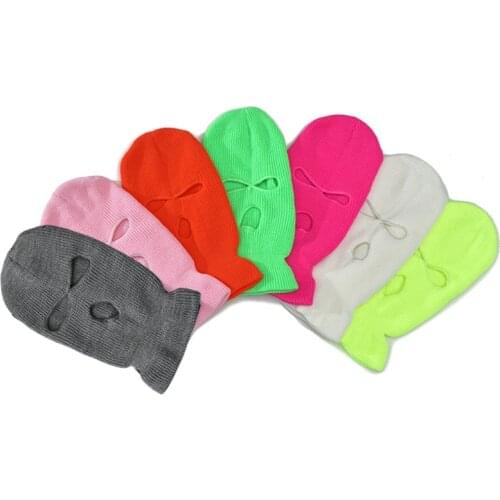 Men Women Balaclava Mask Three Hole Full Face Cover Neon Solid Color Knitted Winter Warm Outdoor Cycling Ski Beanie Hat