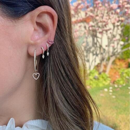 Fashion Lovely Lip Stud Earring with Cz Pave Gold Color 925 Sterling Silver Stud Earring for Lady Child Birthday Silver Earring