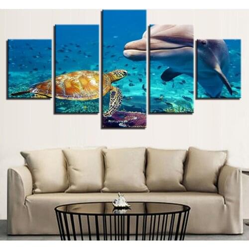 Modular Canvas Painting Wall Art Hd Print 5 Pieces Blue Deep Ocean Dolphin Fish Tortoise Posters Living Room Home Decor No Frame