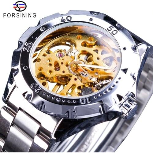 Forsining 2018 Silver Stainless Steel Gear Case Golden Skeleton Clock Mens Mechanical Watches Top Brand Luxury Luminous Hands