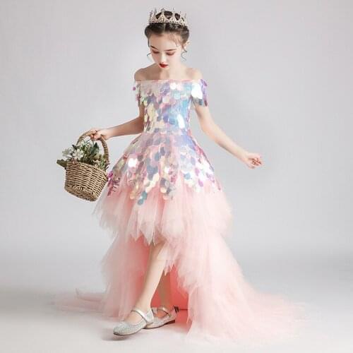 Flower Girls Dresses Ball Gown Boat Neck Sequined Lace Tulle Off The Shoulder Short Luxury Pink Princess Kids Party Dress D161