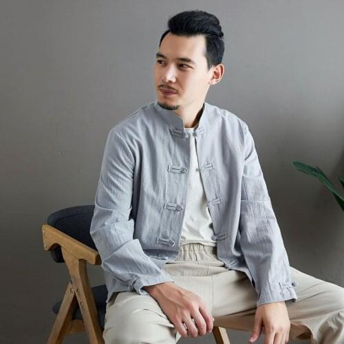 Male Retro Chinese Ethnic Shirt Stand Collar Long Sleeve Button Up Top Training White Blue Kung Fu Uniform Cotton Linen Shirt