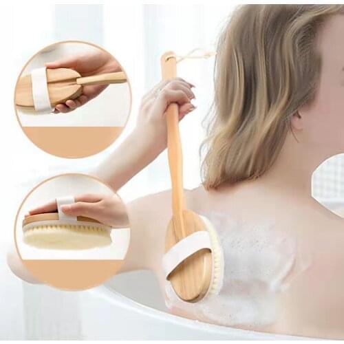 Premium Natural Bristle Wooden Bath Shower Brushes Long Handle Body Back Dry Skin Brush Spa Scrubber Bathroom Shower Tool