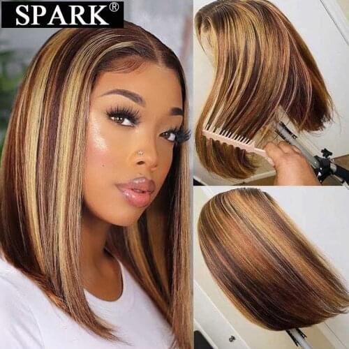 SPARK Ombre Highlight Brown P4/27 Short Bob Brazilian Straight Wigs Pre Plucked 4x4 Lace Closure Remy Human Hair Lace Front Wigs
