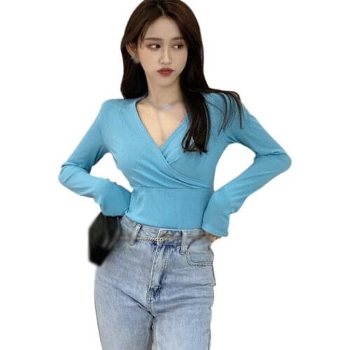 Womens Solid V-Neck Sexy Tshirt Spring Autumn Slim Long-Sleeved Tee Shirt Bottoming Tops