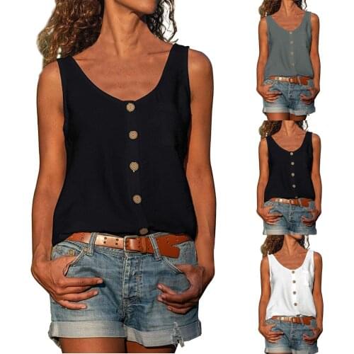 Women Buttons Sleeveless Top Pocket Simple Vest Blouse Tank Camisole Solid Color Daily Casual All-match Girls Vest