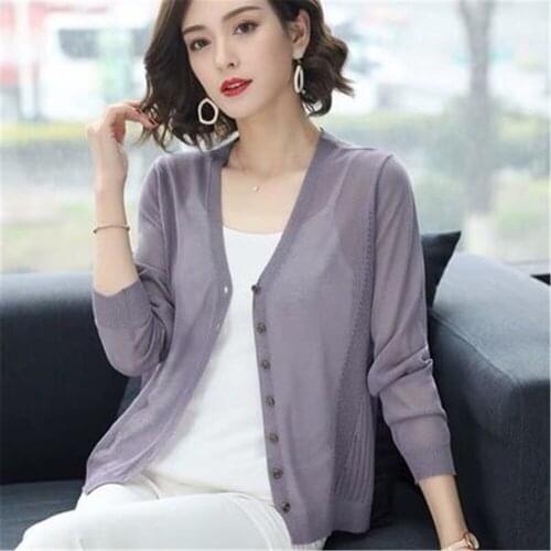 Women 2020 Summer Thin Knit Sweater Cardigan Air Conditioner Sunscreen V-Neck Long Sleeve Female Hollow Out Knitwear Coat ZY4906