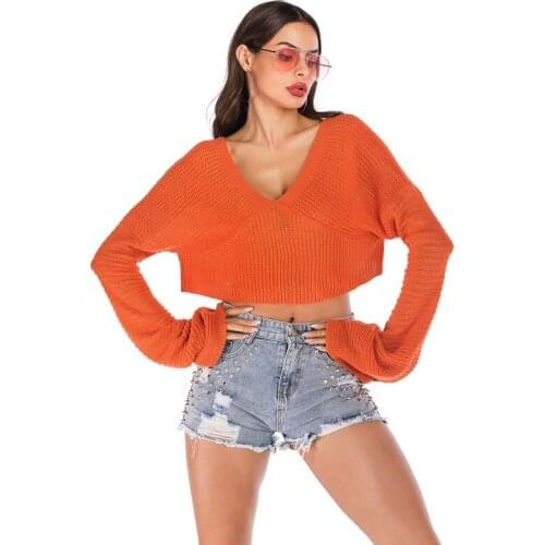 Autumn 2021 new fashion solid color V-neck short pullover knit bottom long sleeve sweater women