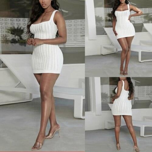 Women Sleeveless Bodycon White Mini Sweater Dress Elegant Cable Knitted Sexy Square Neck Backless Basic Party Clubwear