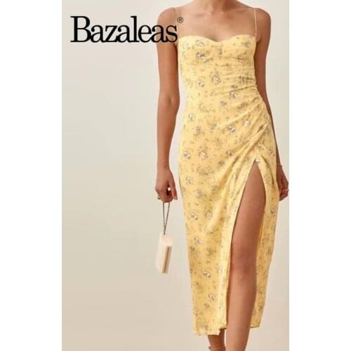 Bazaleas Elegant Adjust Spaghetti Strap Dress Vintage Yellow Floral Print Midi Dress Sexy Side Split Ruched Vestidos
