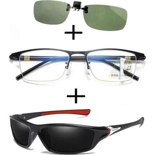 3Pcs!!!rectangular Metal Black Business Reading Glasses Men Women + Polarized Sunglasses Sports Driving + Sunglasses Clip