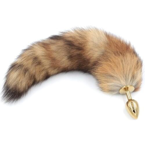 Red Fox Tail Butt Anal plug 35cm long Real Fox tails Golden Metal Anal Sex Toy 2.8*7.5cm Drop shipping