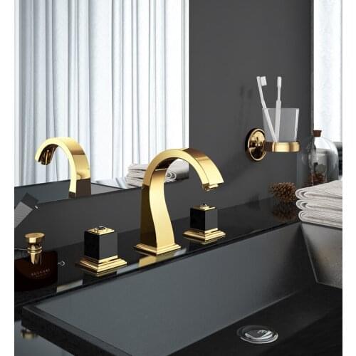 Free ship TI-GOLD PVD 8 inch 3 Holes widespread bathroom Lavatory Sink faucet mixer tap deck mounted Luxury tap square design