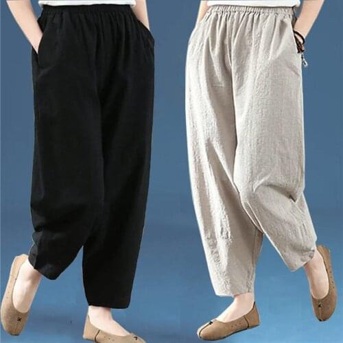 Women Pants Cotton Womens Summer Loose Cotton Linen Pants Elastic-Waist Harem Pants Artistic Casual Ankle-Length Pants 4XL H247