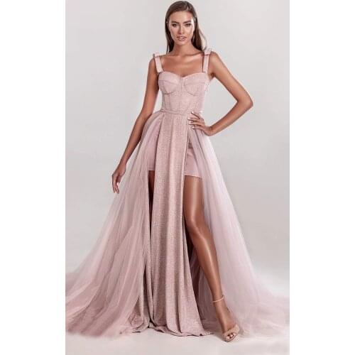 Long Tulle Glitter Prom Dresses 2021 Spaghetti Straps Sweetheart Double High Split Formal Evening Party Dress vestidos de gala