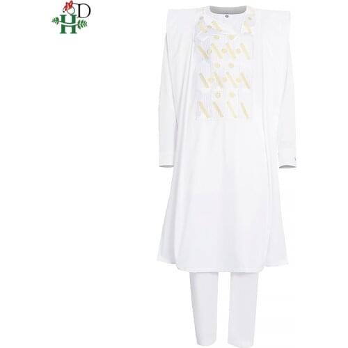 H&D African Agbada For Men Embroidery Dashiki Boubou Shirt Pants Set Traditional 3 PCS Suit Ramadan Muslim Thobe White Clothing
