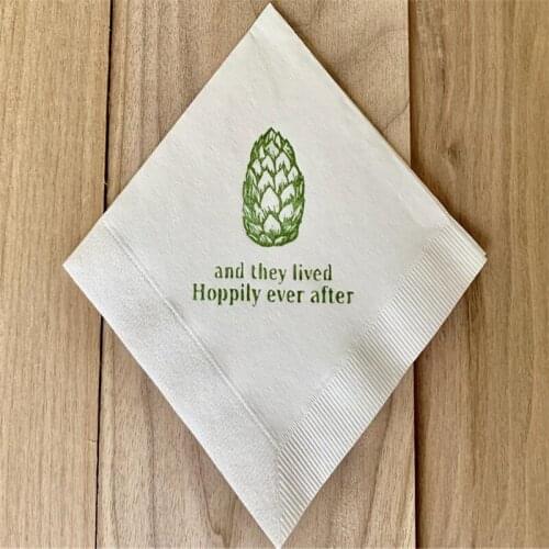 Custom Cocktail Napkins And They Lived Happily Ever After Beer Ply Paper Beverage White with Olive Green ink Rustic wedding