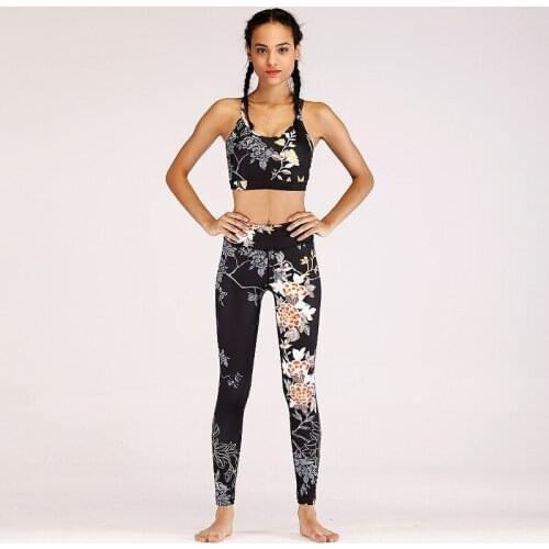 Yoga Set Black Floral Print 2 Piece Sport Suit Women Fitness Jogging Workout Sport Running Set Sports Bra+Legging Sport Clothing