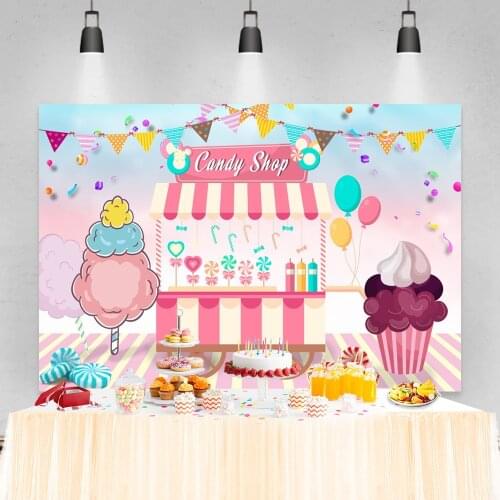 Laeacco Birthday Photo Backdrops Candy Shop Cart Ice Cream Flowers Banner Baby Shower Portrait Customized Photography Background