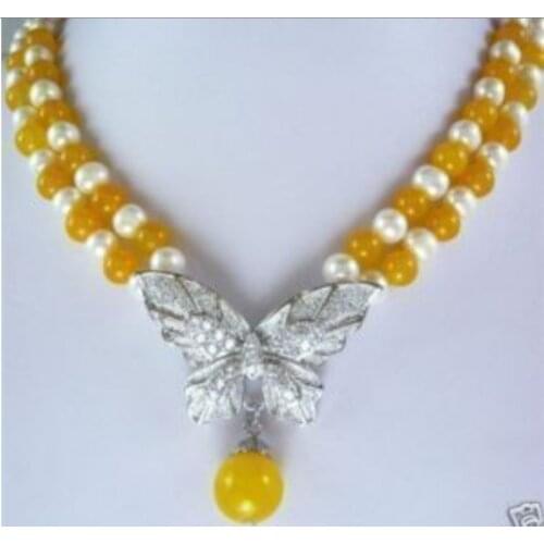 Hot sell Fast shipping yellow jade & white pearl butterfly button necklace ASD