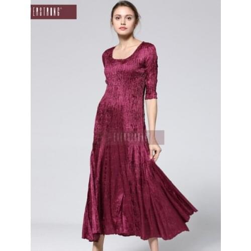 HOT SELLING Miyake fold half sleeve fashion o-neck solid big A-Line long dress IN STOCK