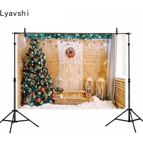Lyavshi Christmas Tree Wood Door Backdrop Party Decorations Light Xmas Ball Background Photo Winter Photographic Backdrop