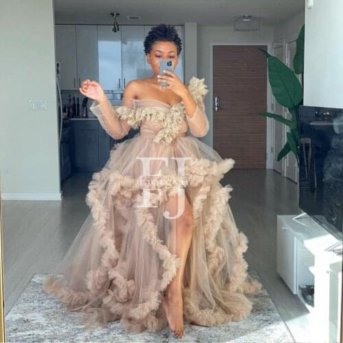 Fashion Ruffles Green Kimono Women Dress Tulle Robe Extra Puffy Prom Party Dresses Long Sleeve Pregnant Women Dressing Gowns