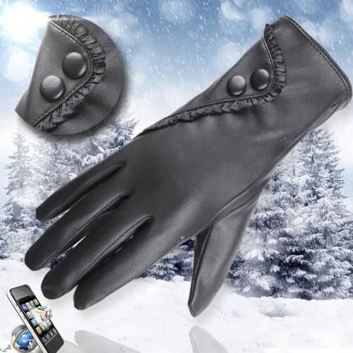 SAGACE Fashion Lady winter gloves Soft PU Leather Gloves Winter Warm Mitten Black Touch screen plus velvet Button guantes A30924