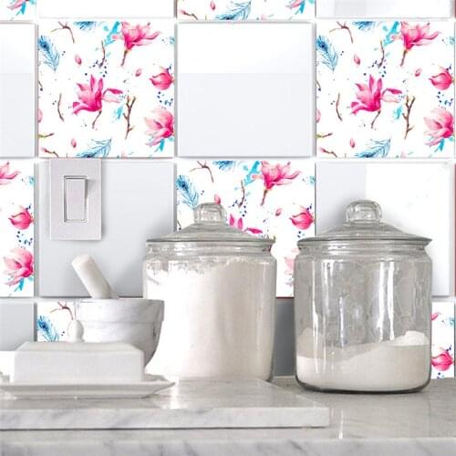 YRHCD Nordic Style Pink Magnolia Tiles Sticker for Bathroom Kitchen Waterproof Self-Adhesive Wallpaper for Home Wall Decoration
