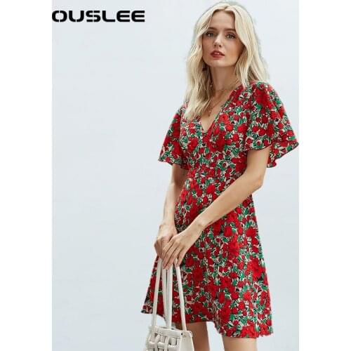OUSLEE 2021 New Women Floral Print Dress Sexy V Neck Short Sleeve Mini Dresses Summer Boho Elegant Party Dress Vestidos De Mujer