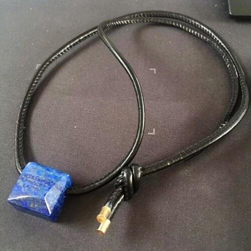 New Natural Stone Blue Pendant Black Leather Necklace