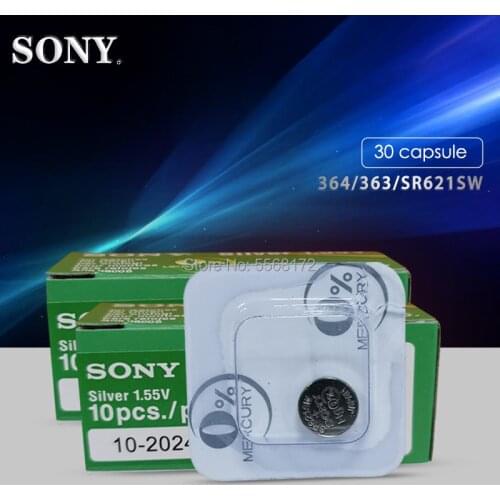 Original For Sony 30pcs SR621SW Silver Oxide for Watch AG1 364 164 D364 L621 Button Cell Coin Batteries Single grain packing