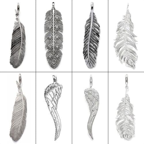 Long Wing Feather Charm Pendants 925 Sterling Silver Black CZ Vintage Thomas Style Jewelry Making Necklace Women Men Accessories