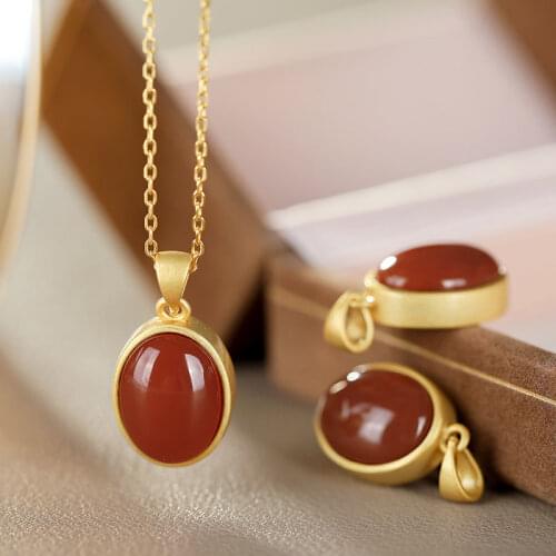 Silver inlaid natural South Red Classic Oval Pendant Necklace Chinese style retro craft gold light luxury charm womens jewelry
