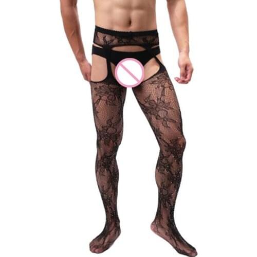 Popular Mens Tights Sexy Open Crotch Rhinestone Fishnet Pantyhose Glitter Stockings Exotic Hot Male Underwear Lingerie Hosiery