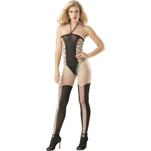 Transparente Female Bodysuit Crotchless Sexy Lingerie Mesh Fabric Leotard High Elastic Erotic Underwear Sexi Catsuit Garter Set