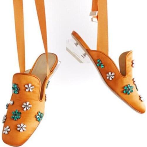 Handmade Rhinestone Flower Silk Slipper Glitter Crystal Transparent Heels Shoes Lace Up Slingback Low Heels Sandals Zapatos