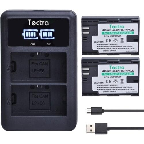 Tectra 2PCS Camera Baterry LP-E6 LPE6 LP E6N + LED Display USB Dual Charger for Canon 5DS 5D Mark II Mark III 6D 7D 60D 60Da 70D